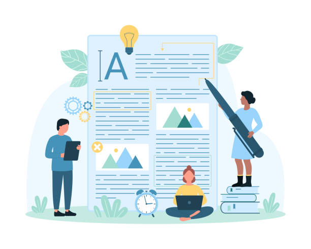 Original content creation and development, storytelling and copywriting vector illustration. Cartoon tiny copywriters create and edit article with pen, people edit text online with creative ideas