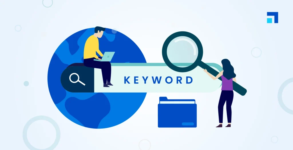 keyword research with a person doing research and another with a magnifying glass showing how critical choosing the right keywords are to match search intent