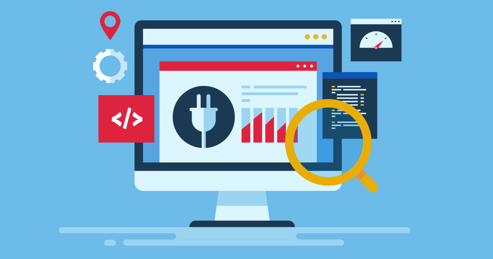 Illustration of the different components of SEO from HTML tag hierarchy, to page speed, keyword and search term, local seo settings, and technical seo settings that improve off page performance