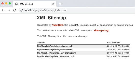 XML Sitemap example file that has multiple sections from the WordPress plugin Yoast