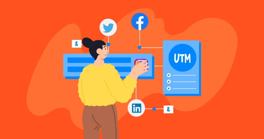 illustration showing different social media channels working together to drive visitors to a website and the UTM tracking is making it clear to the small business digital marketer where the best channel to market is