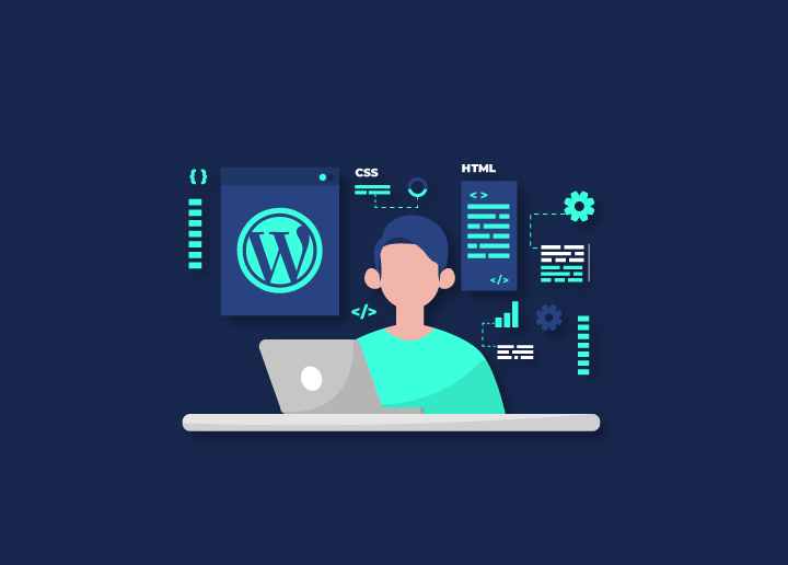 illustration showing a made developer working on the css, html, php and setup of a WordPress website