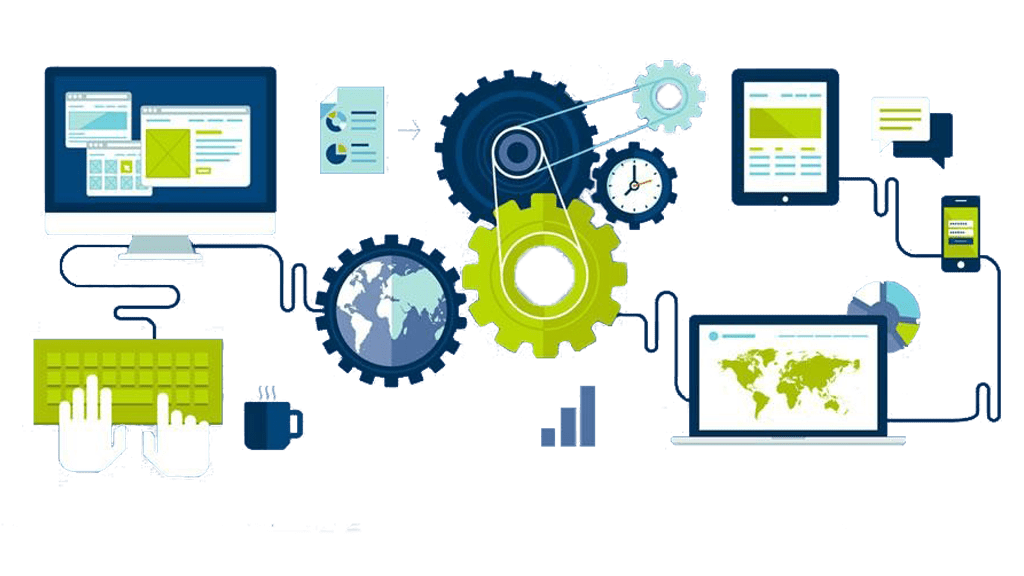 Image showing the behind the scenes work of marketing automation to seamlessly deliver information from CRm, to marketing channels, to the cloud to make sure that every business can make informed data-driven decisions